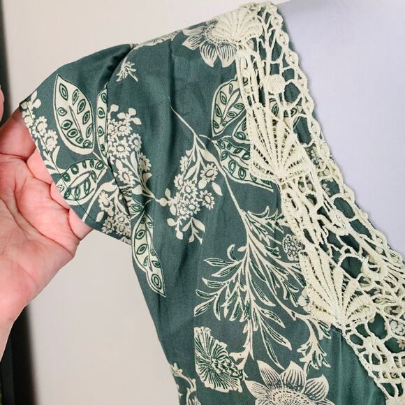 Vintage XL Floral Midi Dress Green Crochet Ruffle Flowy Hem Boho Lightweight - Picture 7 of 12